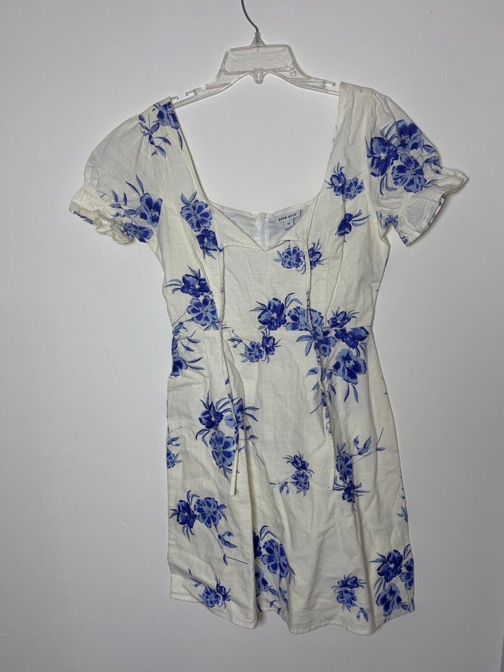 Neon Rose Cream Blue Floral Puff Sleeve Cotton Mini Dress Womens XS Open Back